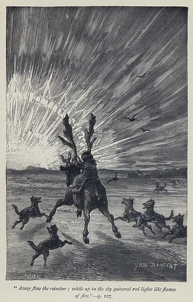 'Away flew the reindeer, while up in the sky quivered red lights like flames of fire'(engraving)