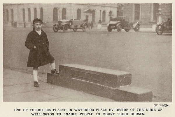 One of the blocks placed in Waterloo Place by desire of the Duke of Wellington to enable people to mount their horses (b  /  w photo)