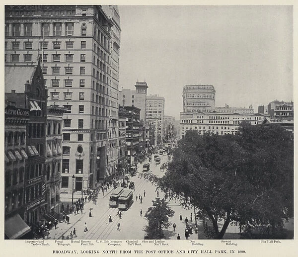 Broadway, looking North from the Post Office and City Hall Park, in 1899 (b  /  w photo)