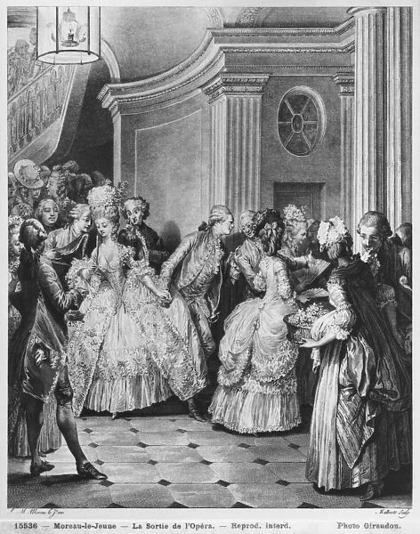 Coming out of the Opera, engraved by Georges Malbeste or Malbete (1743-1809) (engraving)