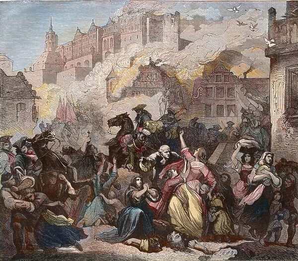 Destruction of Heidelberg by the French under General Ezechiel Melac, 2 March 1689 - Heidelberg Castle Fire - 1689 - Nine Years War - War of the Grand Alliance - War of the League of Augsbur -