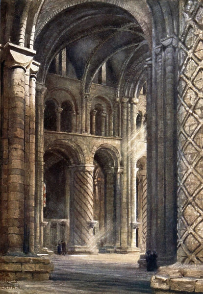 Durham, Interior of Cathedral looking Across the Nave into South Transept (colour litho)