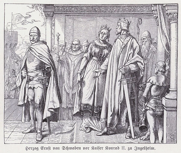 Ernest II, Duke of Swabia, before King Conrad II of Germany after rebelling against him, 1026 (engraving)