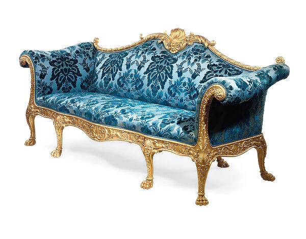 A George III giltwood sofa, 1765 (beech & damask)