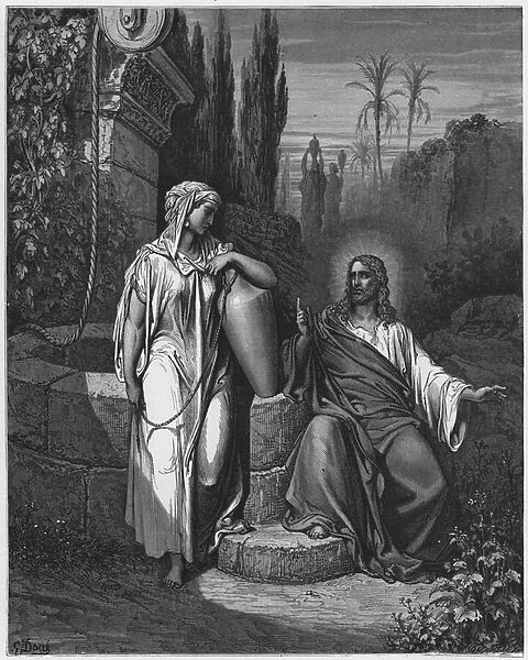 Gustave Dore Bible: Jesus and the woman of Samaria (engraving)