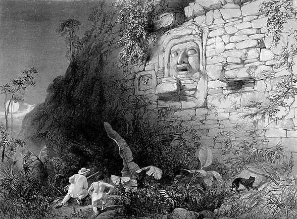 Head of Itzam Na, Izamal, Yucatan, Mexico, 1844 (litho) (b  /  w photo)
