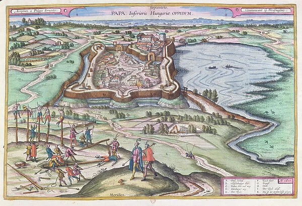 The Hungarian Fort of Papa at the time of the Ottoman sieges, from Le Theatre du Monde by Georg Braun (1541-1622) published in Cologne 1572-1618, 1617 (coloured engraving)