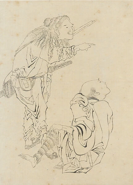 Two hunters, Edo period (ink on paper)