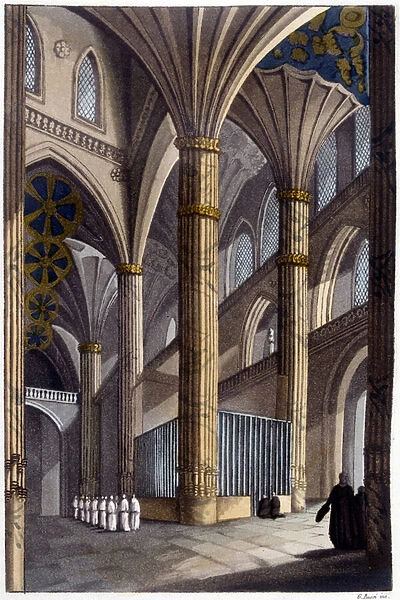 Interior of Salamanca Cathedral. 19th century lithography