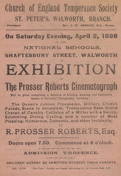 Leaflet advertising an exhibition of the Prosser Roberts Cinematograph (engraving)