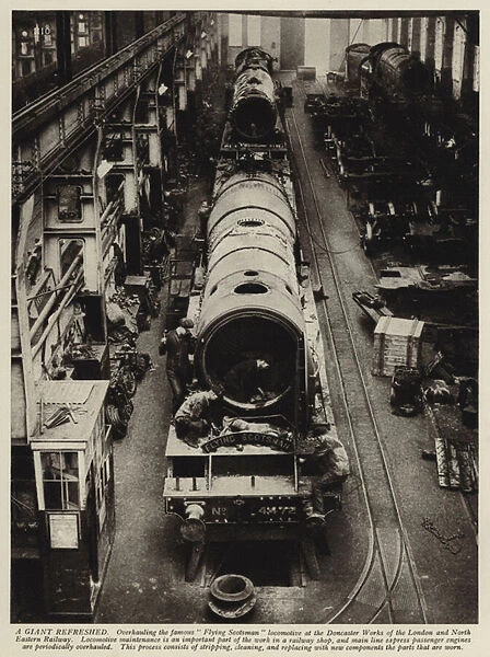 The London and North Eastern Railways famous Flying Scotsman steam locomotive undergoing maintenance work at the railways Doncaster Works, Yorkshire (b  /  w photo)