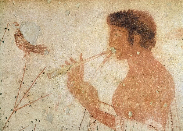 Detail of Musician playing a double flute, from the tomb of the triclinium, c. 470 BC