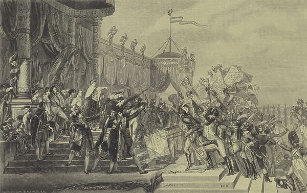 Napoleon distributing eagle standards to the French Army, 5 December 1804 (engraving)