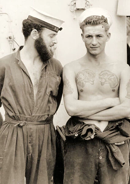 Two US Navy sailors in overalls, 1942 (sepia Photo)