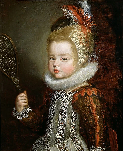 A Portrait of a Child Holding a Racket (oil on panel)