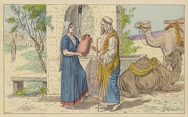 Rebecca at the Well (colour litho)