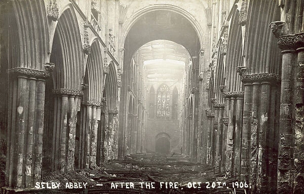 Selby Abbey, after the fire, 20 October 1906 (b  /  w photo)