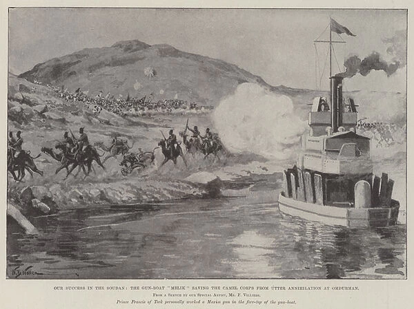 Our Success in the Soudan, the Gun-Boat 'Melik'saving the Camel Corps from Utter Annihilation at Omdurman (litho)