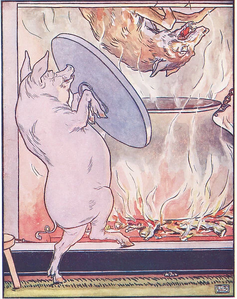 He took off the cover of the pot, and in fell the wolf. (colour litho)