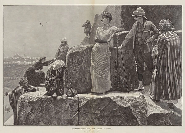 Tourists ascending the Great Pyramid (engraving)