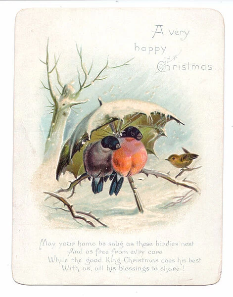 Victorian Christmas card of two birds sheltering from the snow under an umbrella