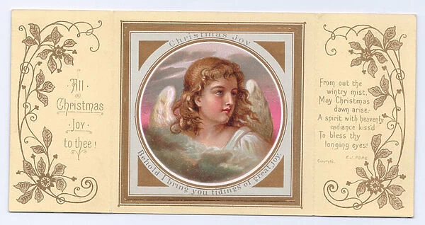 Victorian Christmas card of the face of an angel, c. 1880 (colour litho)