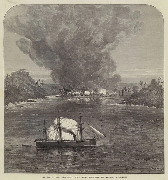 The War on the Gold Coast, HMS Druid destroying the Village of Aguidah (engraving)