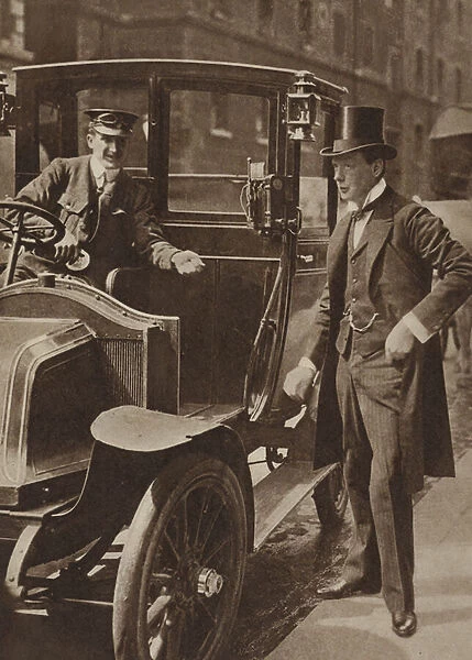 Winston Churchill paying a motor taxi fare, c. 1908 (b  /  w photo)