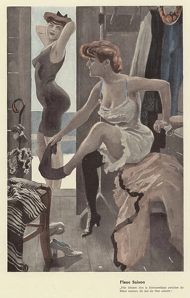 Two women in the changing room at a swimming baths (colour litho)