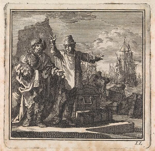 Conversation in a harbour between a man with a globe in his hands and a poorly dressed