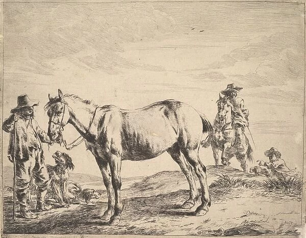 Man Holding Horse Bridle Etching sheet 5 15  /  16 x 7 5  /  8