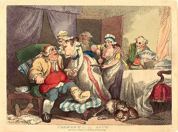 Thomas Rowlandson (British, 1756 1827 ), Comfort in the Gout, 1785, hand colored etching