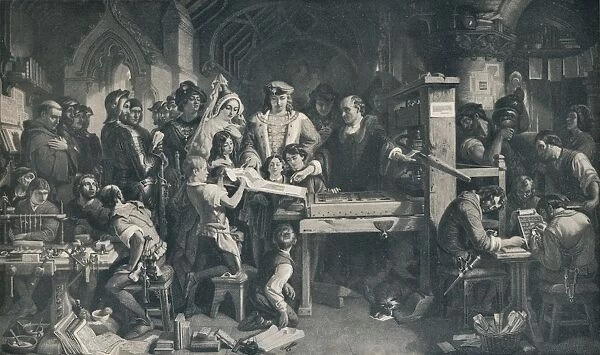 Caxton Showing the First Specimen of his Printing to King Edward IV, c1858, (1911). Artist: Daniel Maclise