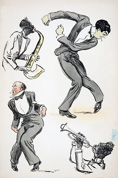 Two men in suits dancing while two musicians play the saxophone and trumpet