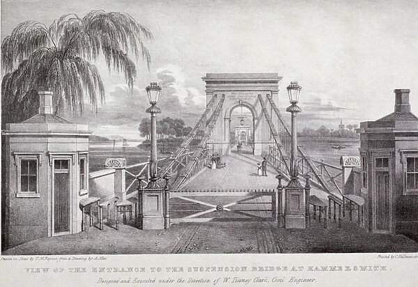 View of the entrance to the suspension bridge at Hammersmith... London, 1827