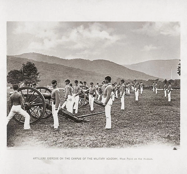 Artillery Exercise on the Campus of the Military Academy, West Point, USA. From the book The United States of America - One Hundred Albertype Illustrations From Recent Negatives of the Most Noted Scenes of Our Country, published 1893; West Point, New York, United States of America