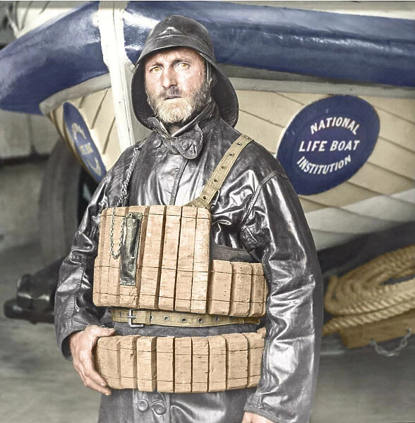 Lifeboat Coxswain with cork lifebelt from magic lantern slide circa 1900. Hand-coloured portrait of National Lifeboat Institution boat and coxswain