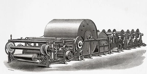 Slasher sizing machine, used for strengthening the warp by adding starch to reduce breakage of the yarns, built by J. Harrison & Sons. From A Concise History of The International Exhibition of 1862, published 1862