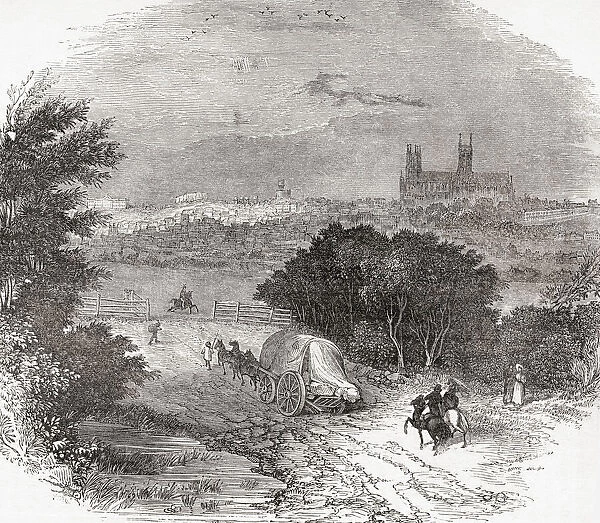 A view of Lincoln, Lincolnshire, England in the early 19th century. From Old England: A Pictorial Museum, published 1847