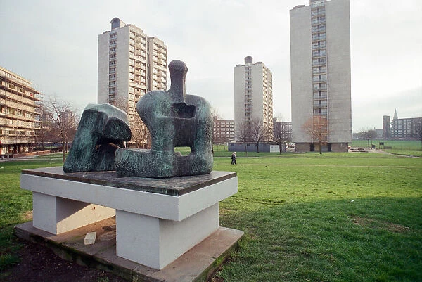 Two Piece Reclining Figure No 3 sculpture by Henry Moore. General views of tower blocks