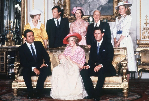 Princess Diana and husband Prince Charles surrounded by godparents to their baby son