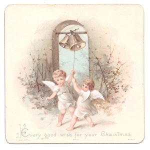 Two angels ringing bells on a Christmas card
