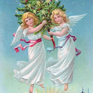 Angels with tree on a Christmas postcard