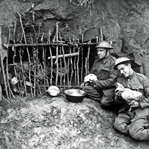 British soldiers with chicken house in trench, WW1