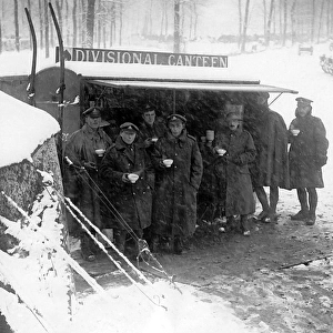 British soldiers at divisional canteen in snow, WW1