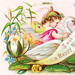 Cherub riding a swan on a New Year card