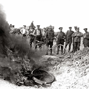 Despatch riders bike on fire, Western Front, WW1