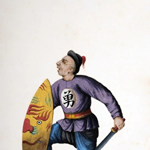 Drawing of Chinese soldier with sword and shield