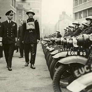 King George VI inspecting dispatch riders of the LFB, WW2