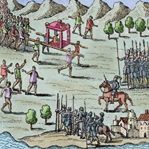 The King of Michoacan visit to Hernan Cortes. Colored engrav